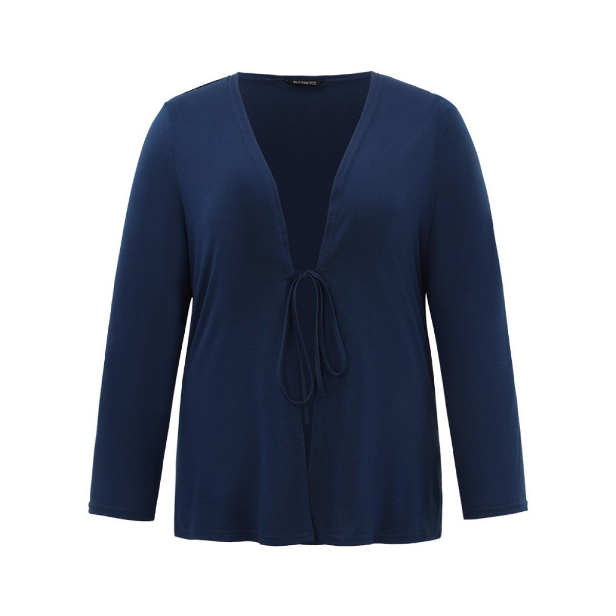 Plus Size Plain Ties Open Front Kimono Women DarkBlue Casual Plain Everyday Kimonos BloomChic 14-16/1X Product Image