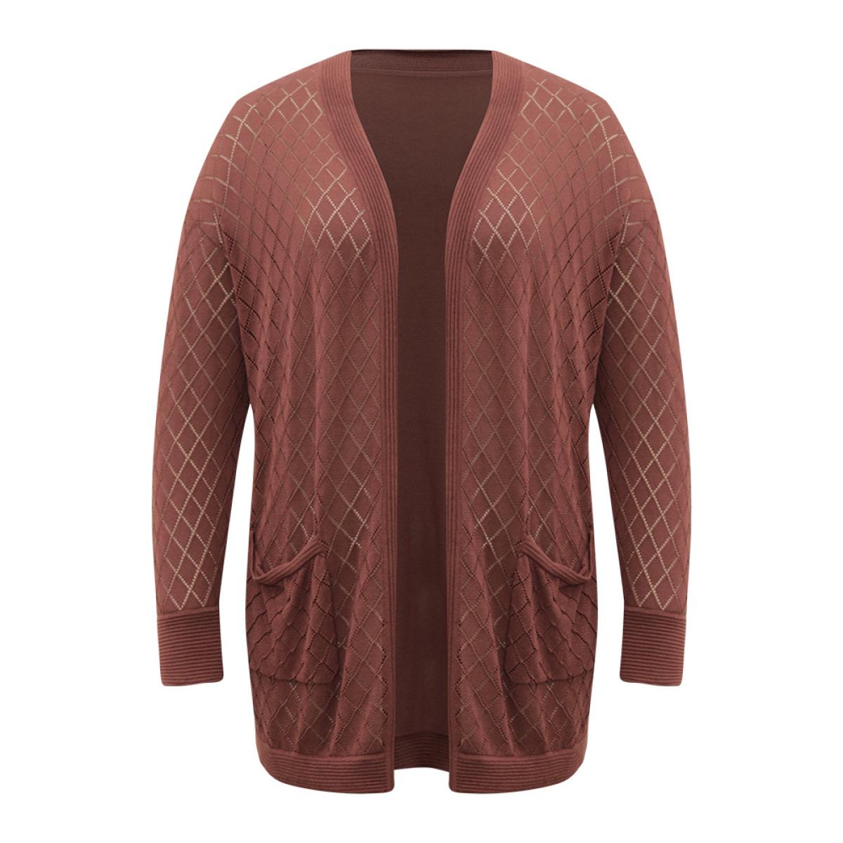 Plus Size Plain Geometric Hollow Out Pocket Cardigan Rust Women Casual Loose Long Sleeve Everyday Cardigans BloomChic 28/5X Product Image
