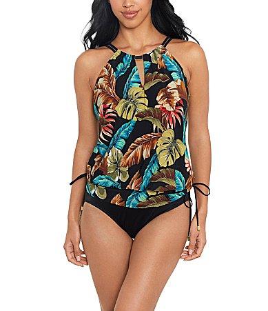 Magicsuit Aloe Susan Tropical Print Underwire Keyhole Highneck Blouson Side Tie One Piece Convertible Swim Dress Product Image