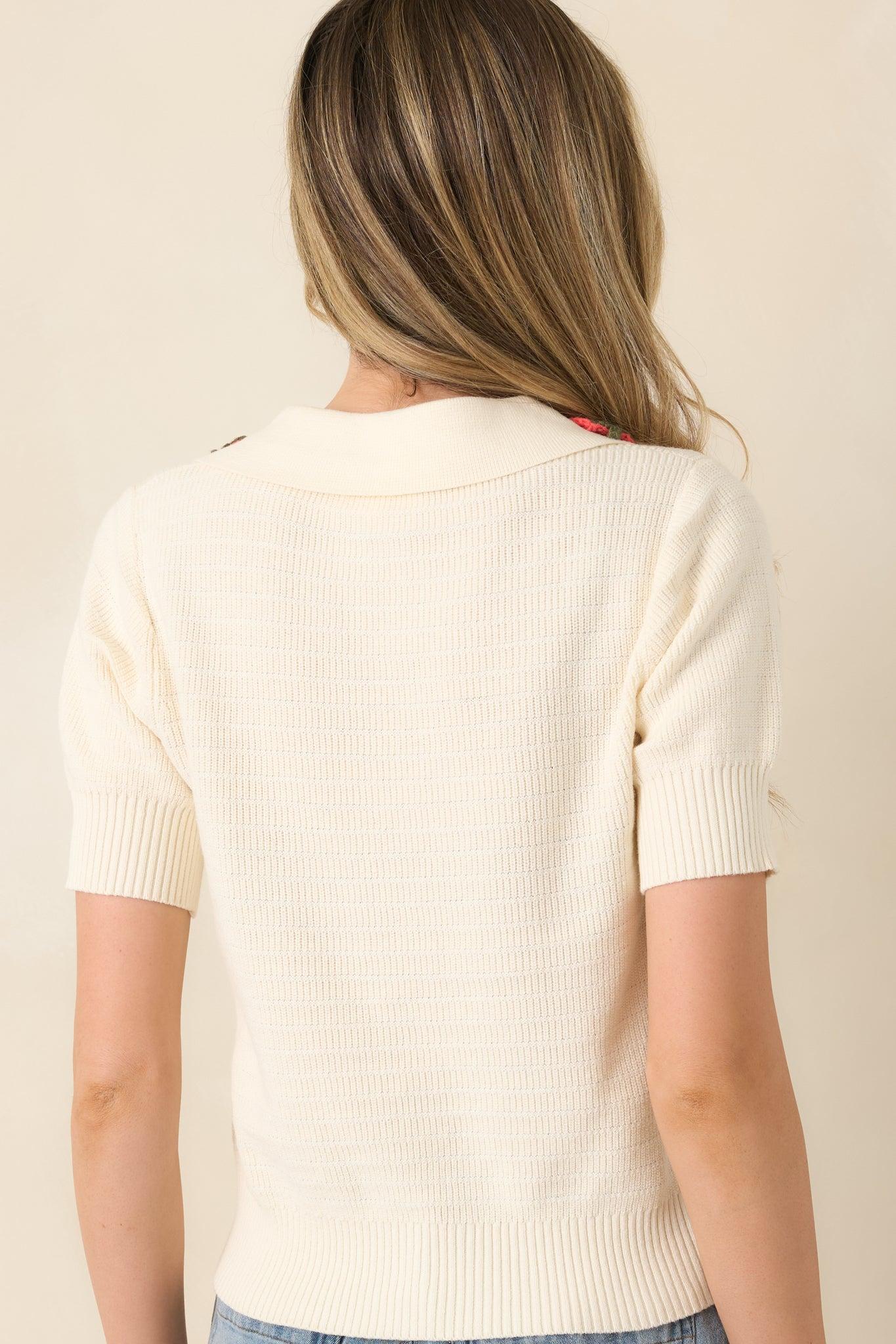 La Dolce Vita Ivory Embroidered Fruit Collar Sweater Product Image