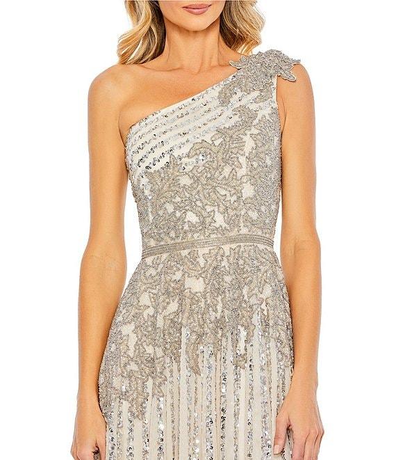 Mac Duggal Beaded Tulle One Shoulder Neck Sleeveless A-Line Gown Product Image