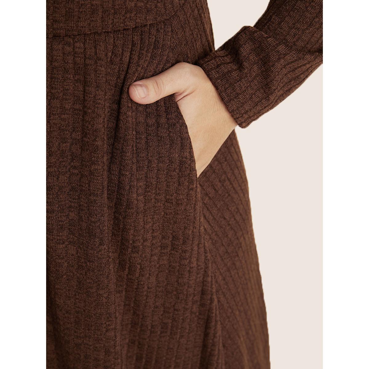 Plus Size Solid Pocket Rib Knit Ruffle Hem Dress Without Belt Aegean Women Leisure Non Round Neck Long Sleeve Curvy Midi Dress BloomChic 26/4X Product Image