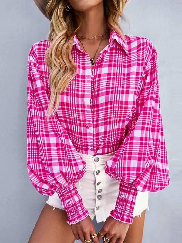 Long Sleeves Loose Buttoned Contrast Color Elasticity Plaid Lapel Blouses&Shirts Tops Product Image