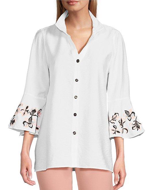 Multiples Solid Crinkle Wire Collar 3/4 Embroidered Flounce Sleeve Hi-Low Hem Fitted Woven Shirt Product Image