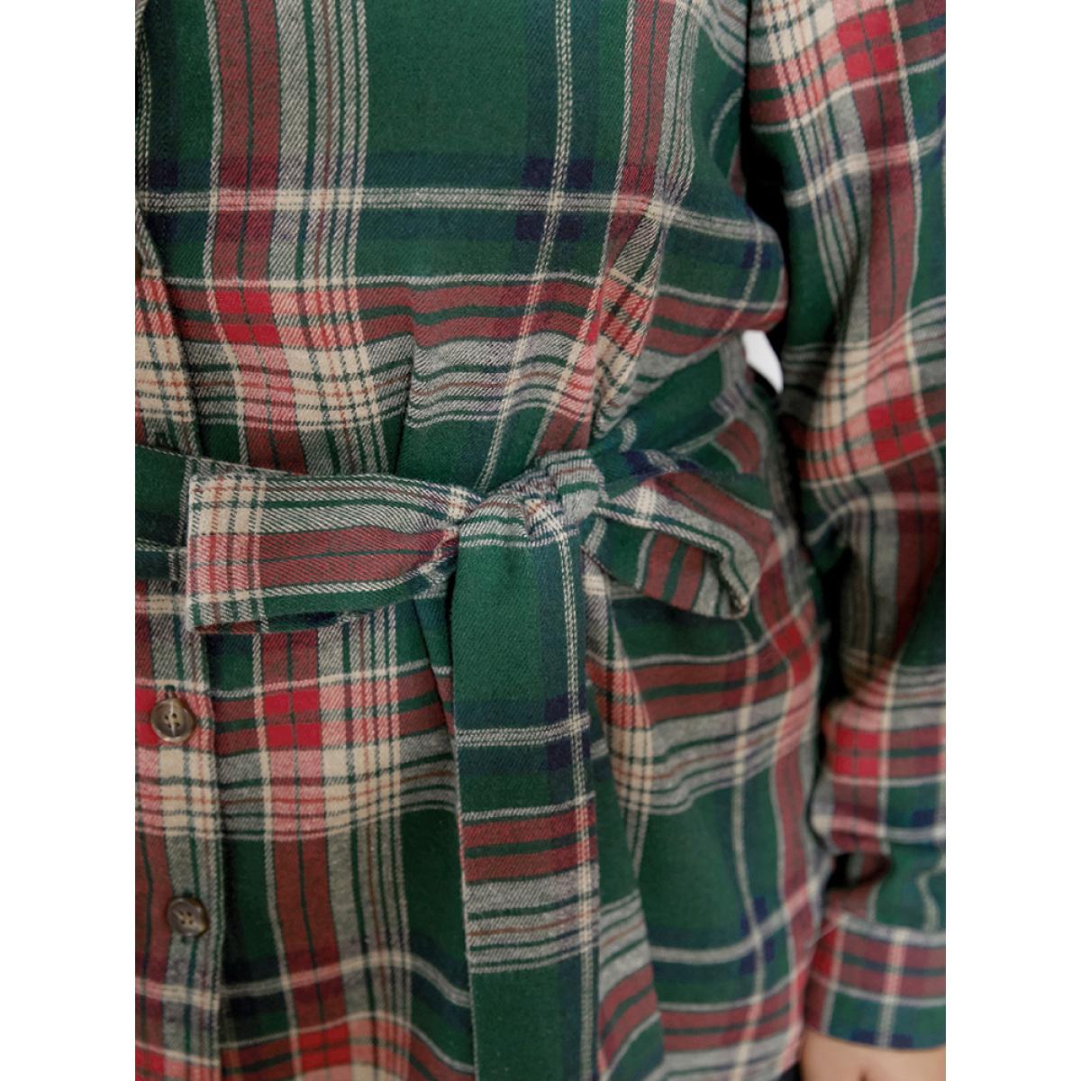 Plus Size DarkGreen Plaid Button Up Belted Blouse Women Casual Long Sleeve Shirt collar Festival-Christmas Blouses BloomChic 12/L Product Image