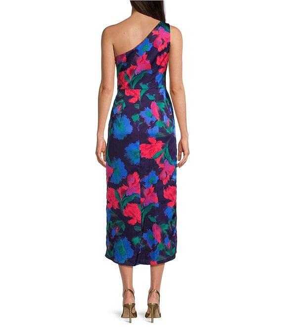 Adrianna Papell Floral Satin One Shoulder Sleeveless Ruffle Dress Product Image