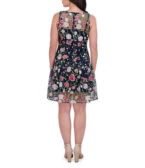 Kensie Embroidered Mesh Floral Print Boat Neck Sleeveless Shift Mini Dress Product Image