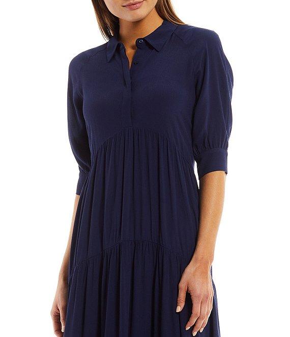 A Loves A Button Down Collar Short Balloon Cuff Sleeve Tiered Waistless Midi Shirt Dress Product Image