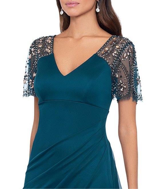 Xscape Short Beaded Sheer Flutter Sleeve Cascading Draped Waist V-Neck Beaded Gown Product Image