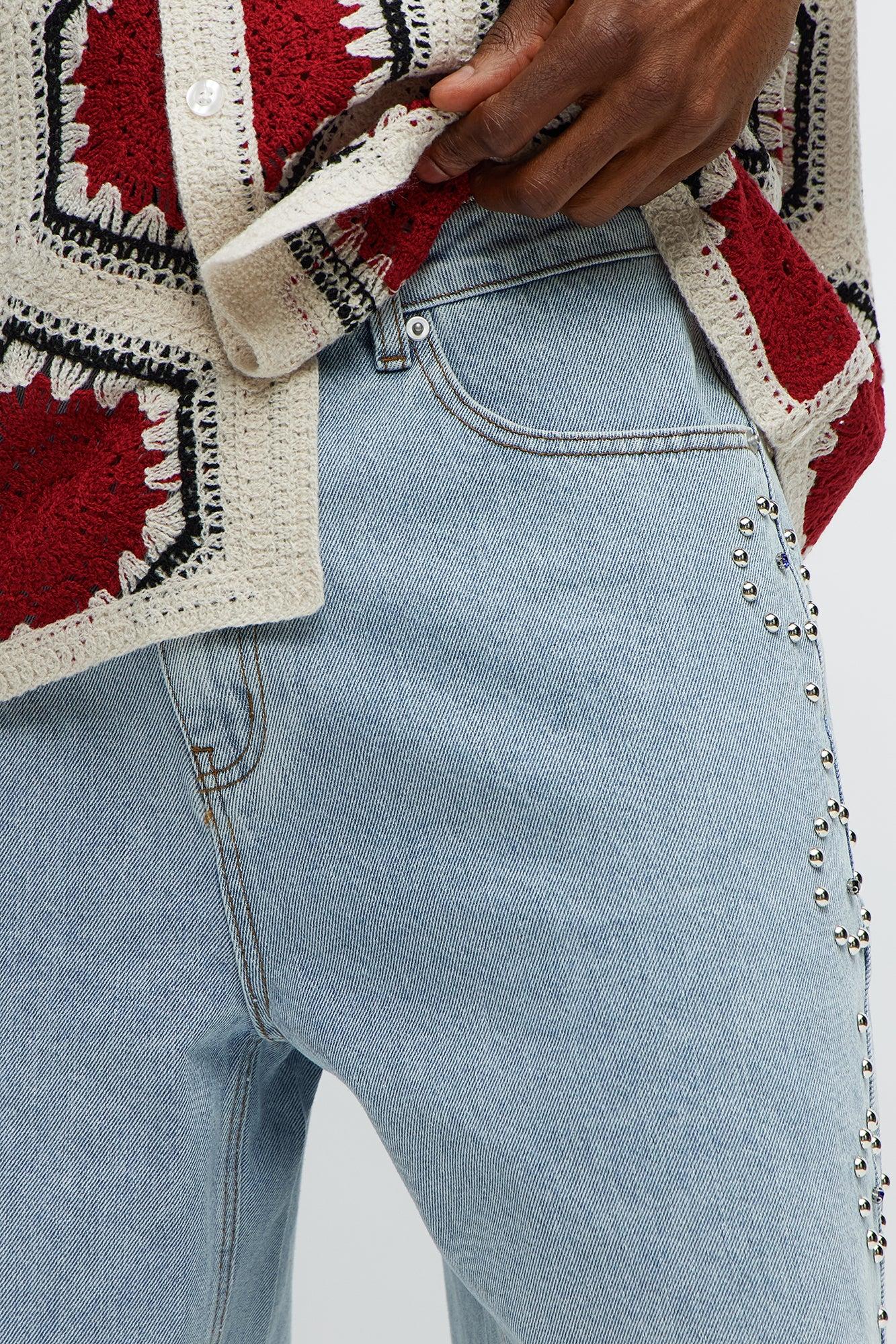 Relaxed Come In Clutch Studded Denim Shorts - Light Blue Wash Product Image