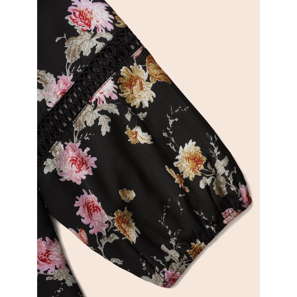 Plus Size Black Floral Lace Panel Lantern Sleeve Blouse Women Elegant Long Sleeve Round Neck Everyday Blouses BloomChic 28/5X Product Image