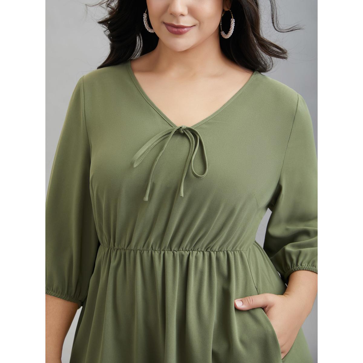 Plus Size Lantern Sleeve V-Neck Tiered Midi Dress Sage Women Elegant Tie knot V-neck Elbow-length sleeve Curvy BloomChic 22-24/3X Product Image