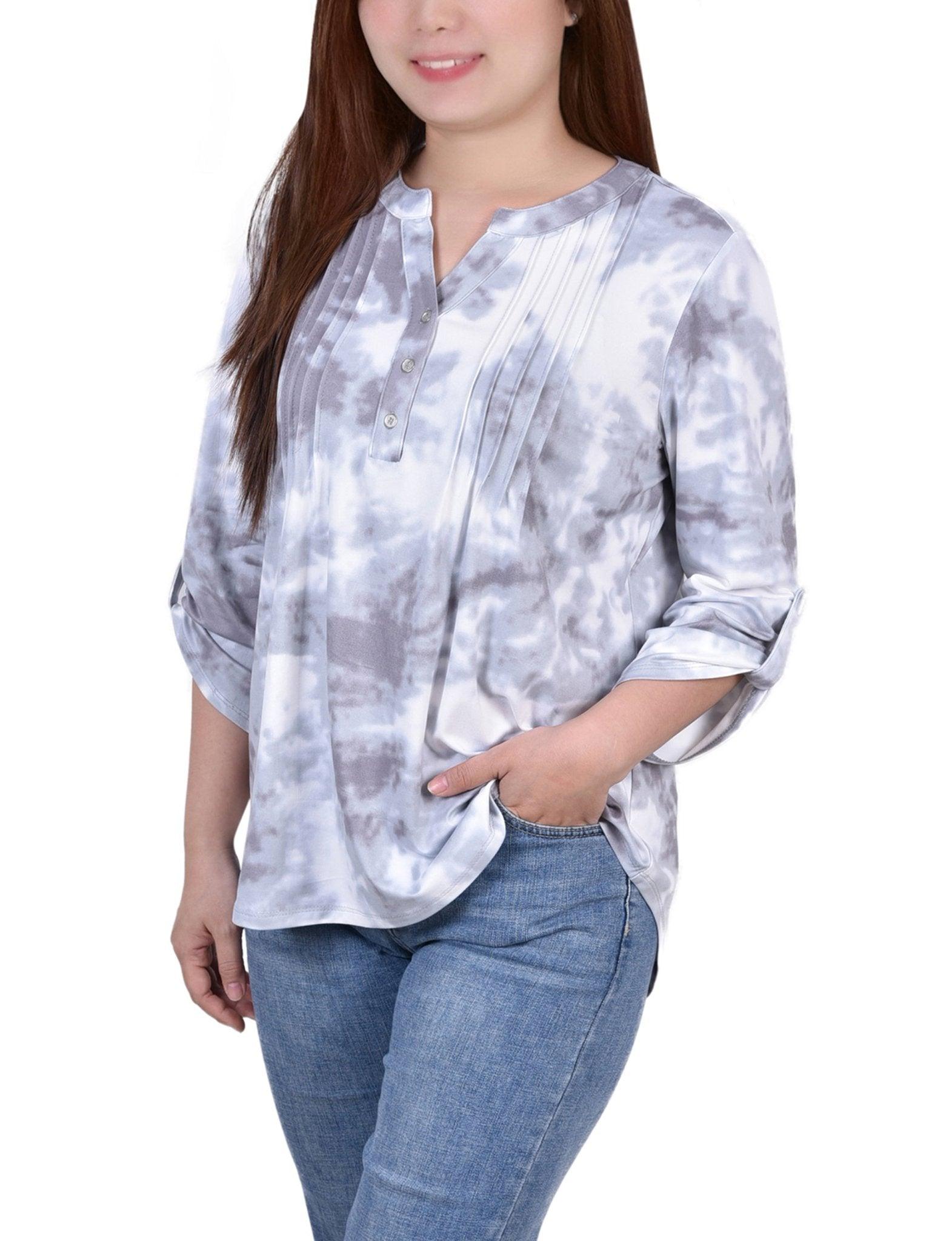 Grey Tiedye 3/4 Bell Sleeve Pleat Front Y Neck Top Product Image