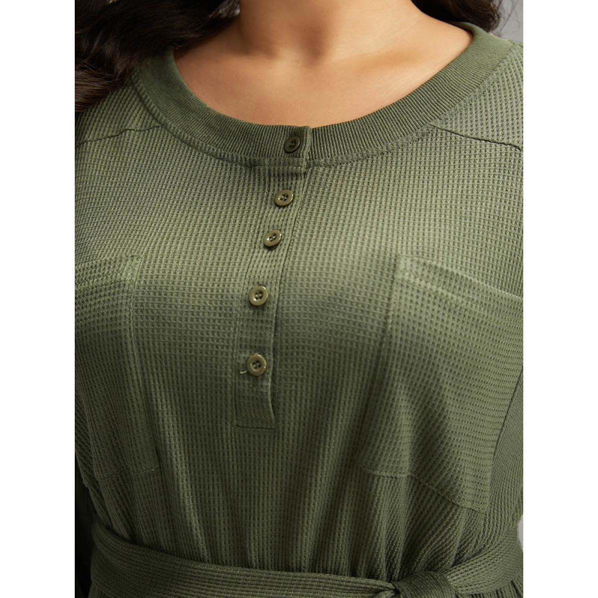 Plus Size Plain Textured Belted Button Up Dress ArmyGreen Women Casual Texture Round Neck Long Sleeve Curvy Midi Dress BloomChic 12/L Product Image