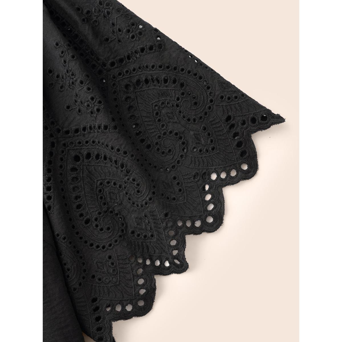 Plus Size Broderie Anglaise Woven Ribbon Midi Dress Black Women Elegant Woven ribbon&lace trim Round Neck Short sleeve Curvy BloomChic 12/L Product Image