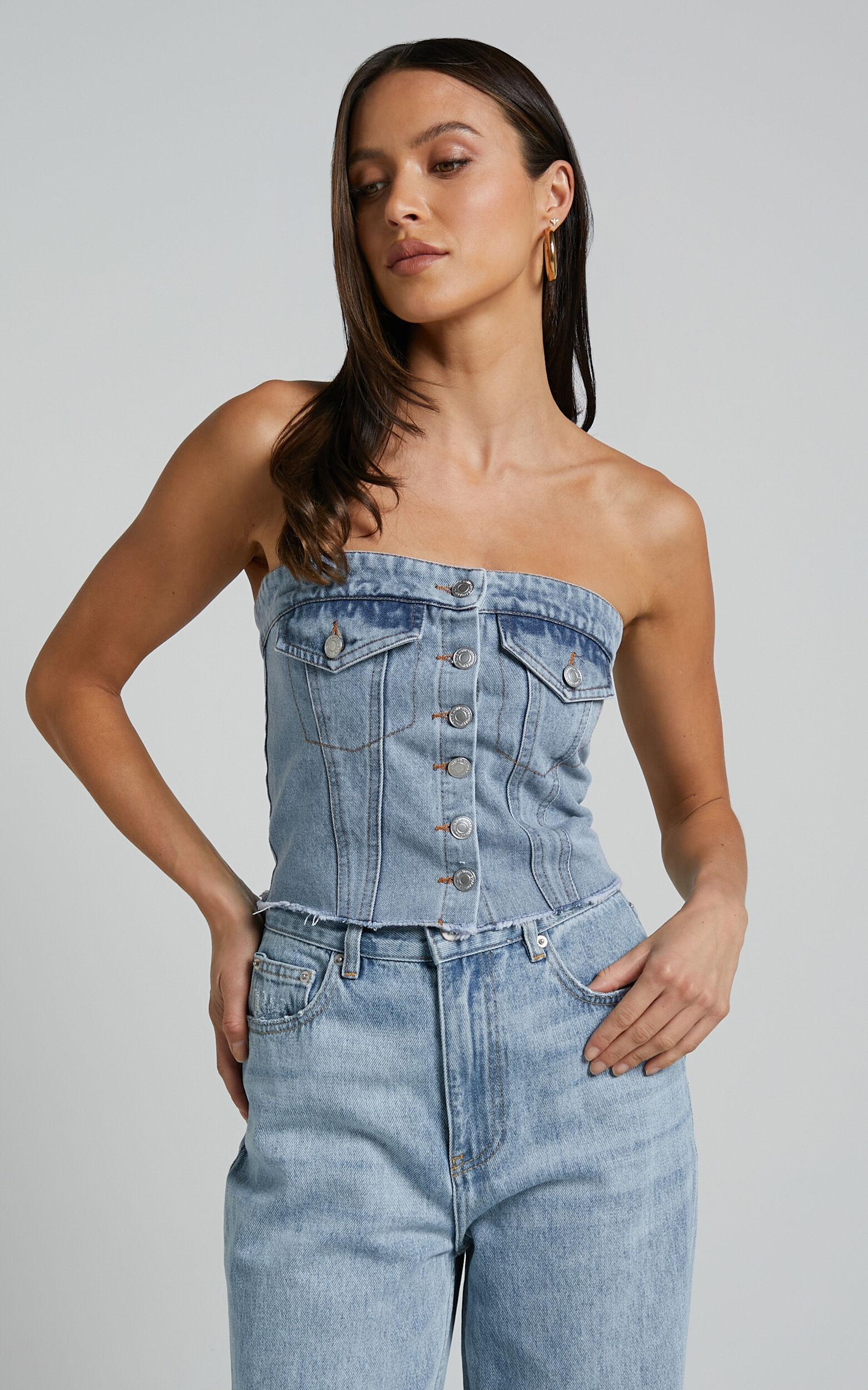 Aubrielle Bustier - Denim Bustier with Pocket Details in Indigo Wash Product Image