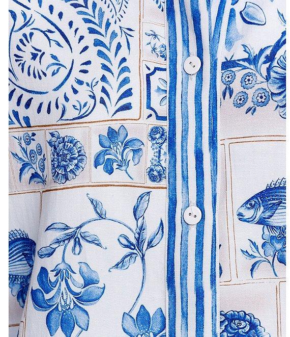 Agua Bendita Chrissy Azure Printed Point Collar 3/4 Sleeve Button Down Shirt Product Image