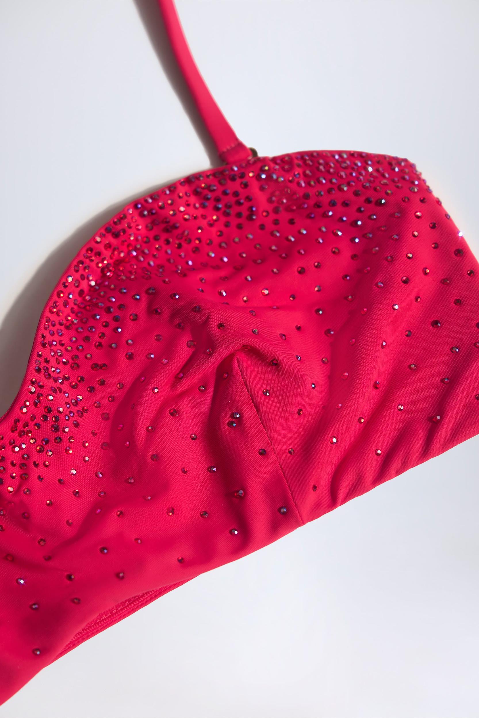 Embellished Ruched Cheeky Bikini Bottoms in Raspberry Pink Product Image