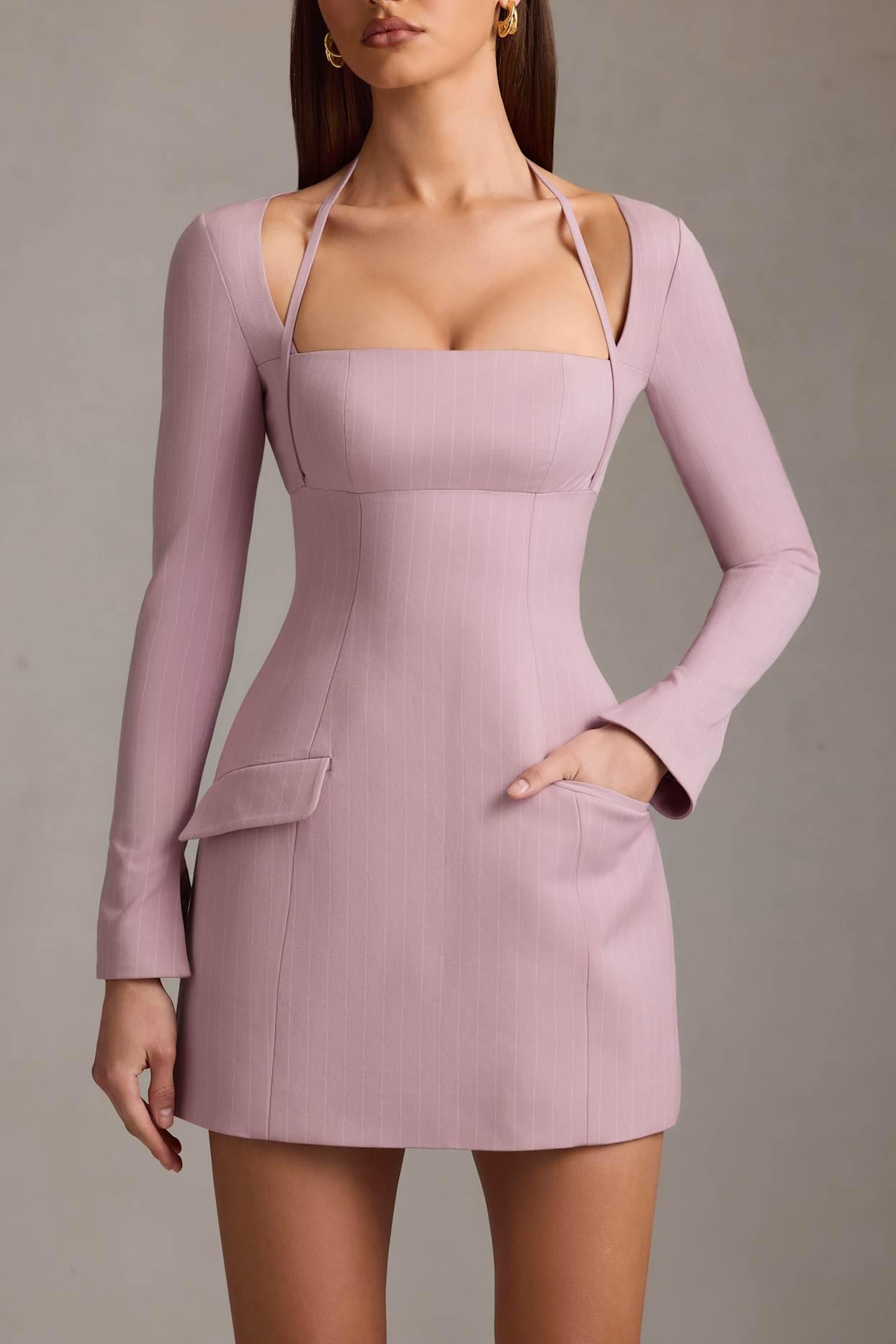 Pinstripe Structured A-Line Mini Dress in Mauve Product Image
