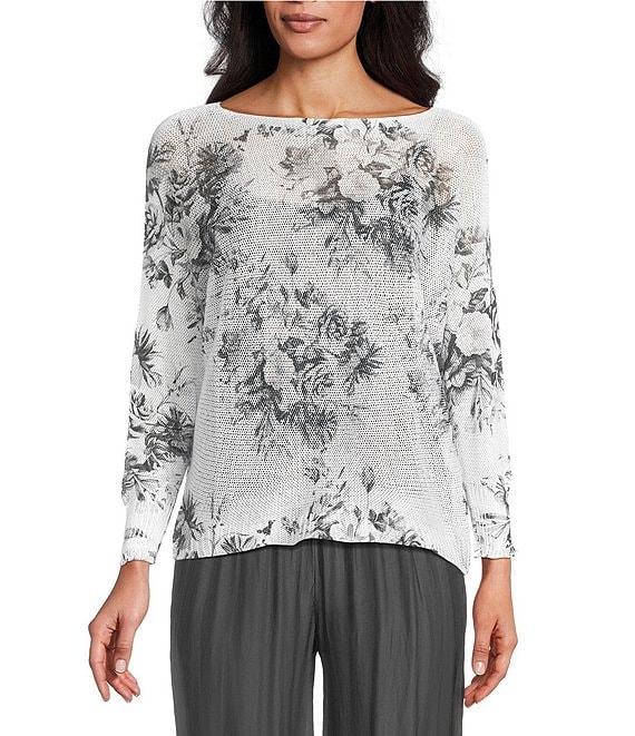 M Made in Italy Floral Knit Boat Neck Long Bat Sleeve Top Product Image