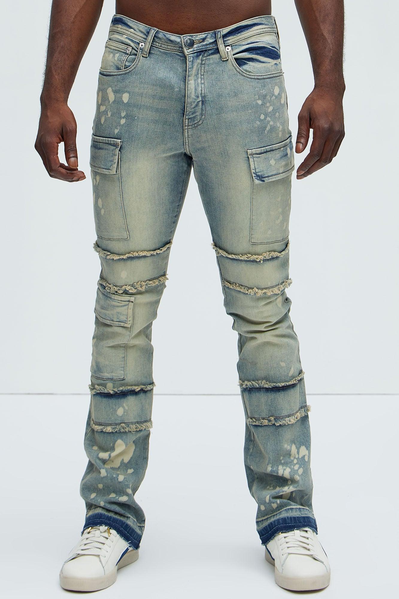 Side Snap Cargo Stacked Skinny Flare Jeans - Medium Wash Product Image