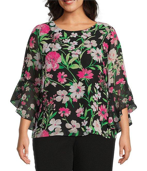 Kasper Plus Size Floral Chiffon Crew Neck 3/4 Ruffle Sleeve Blouse Product Image