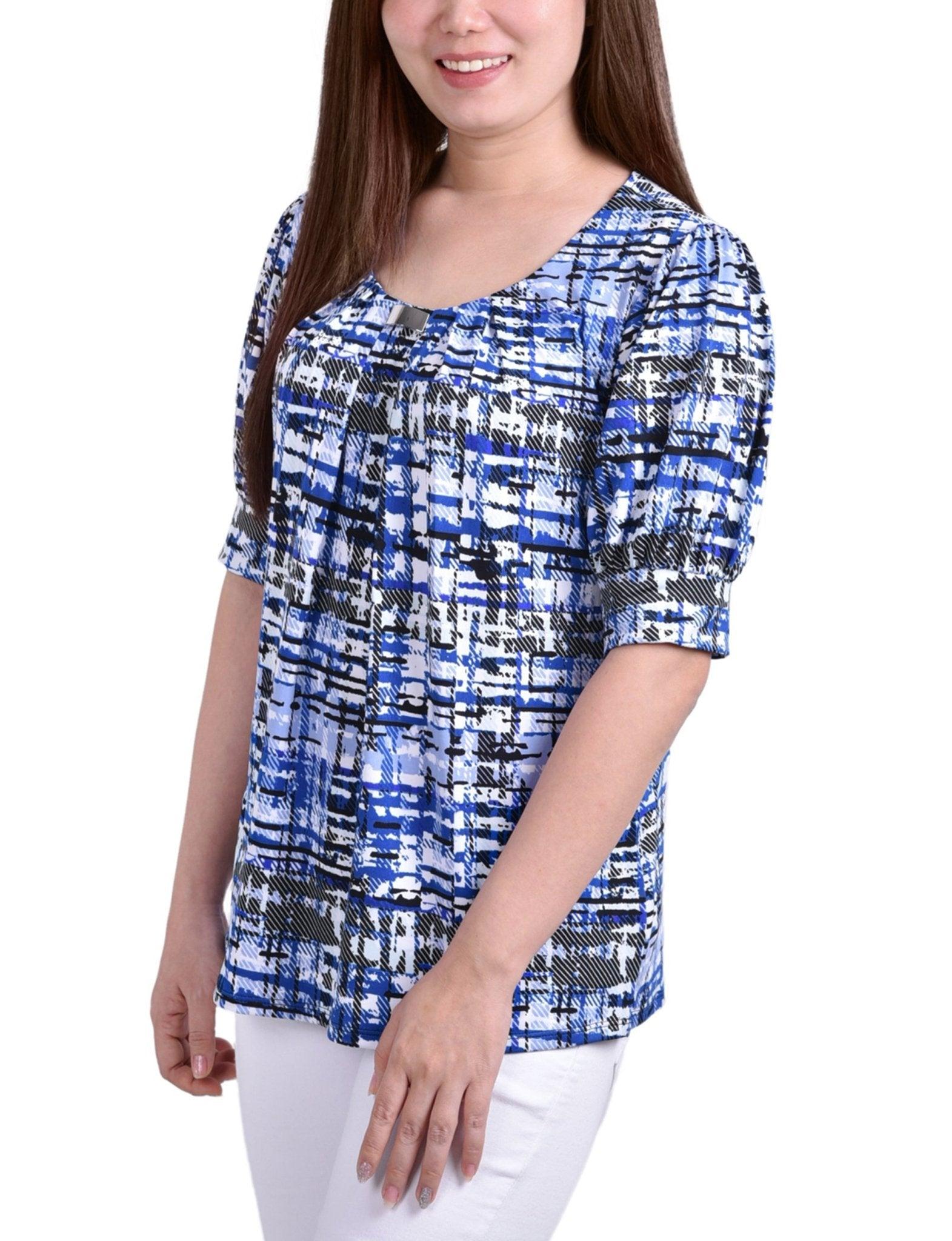 Blue Transplaid Short Sleeve Balloon Sleeve Top - Petite Product Image