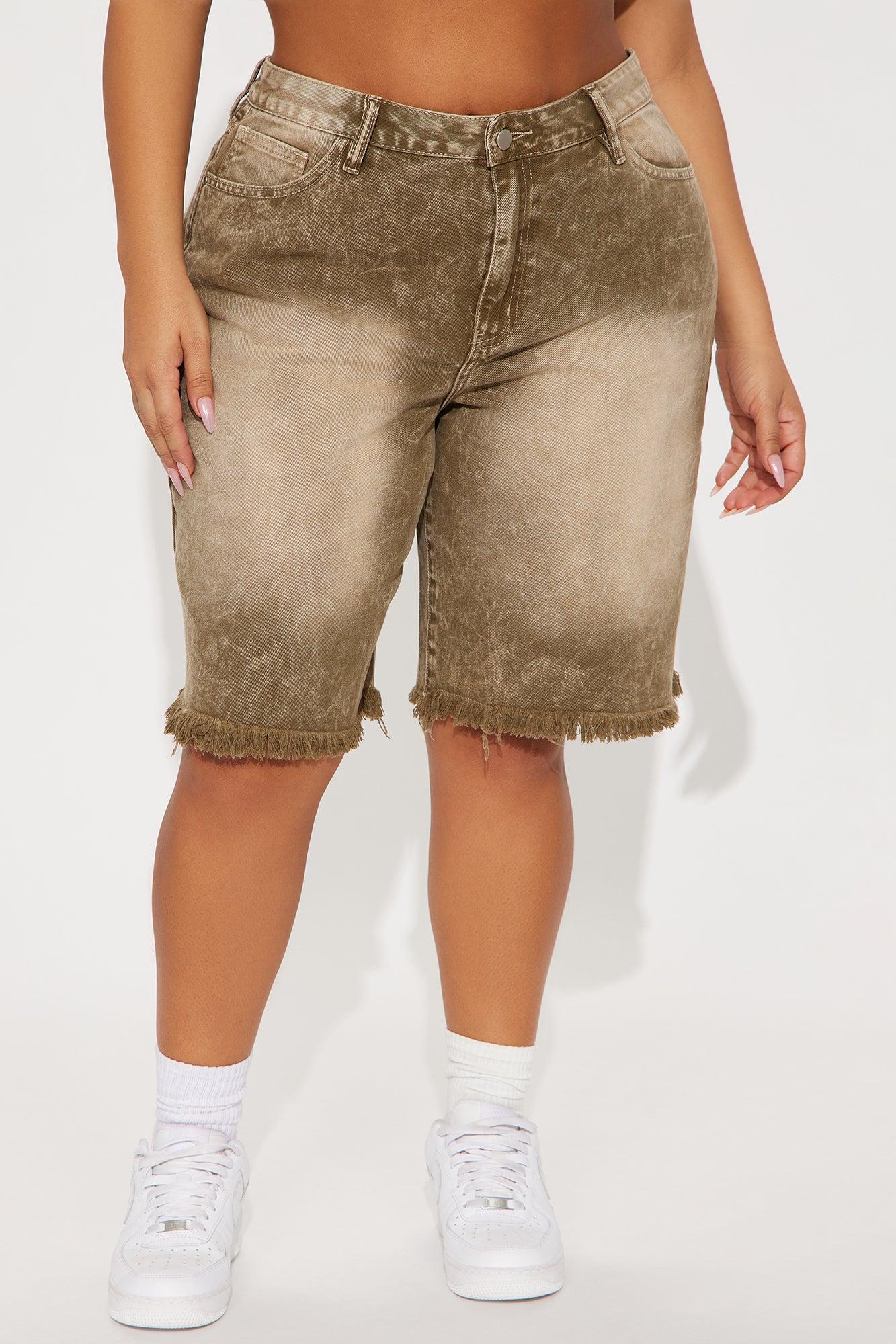 Come A Long Way Baggy Denim Jorts - Olive Product Image