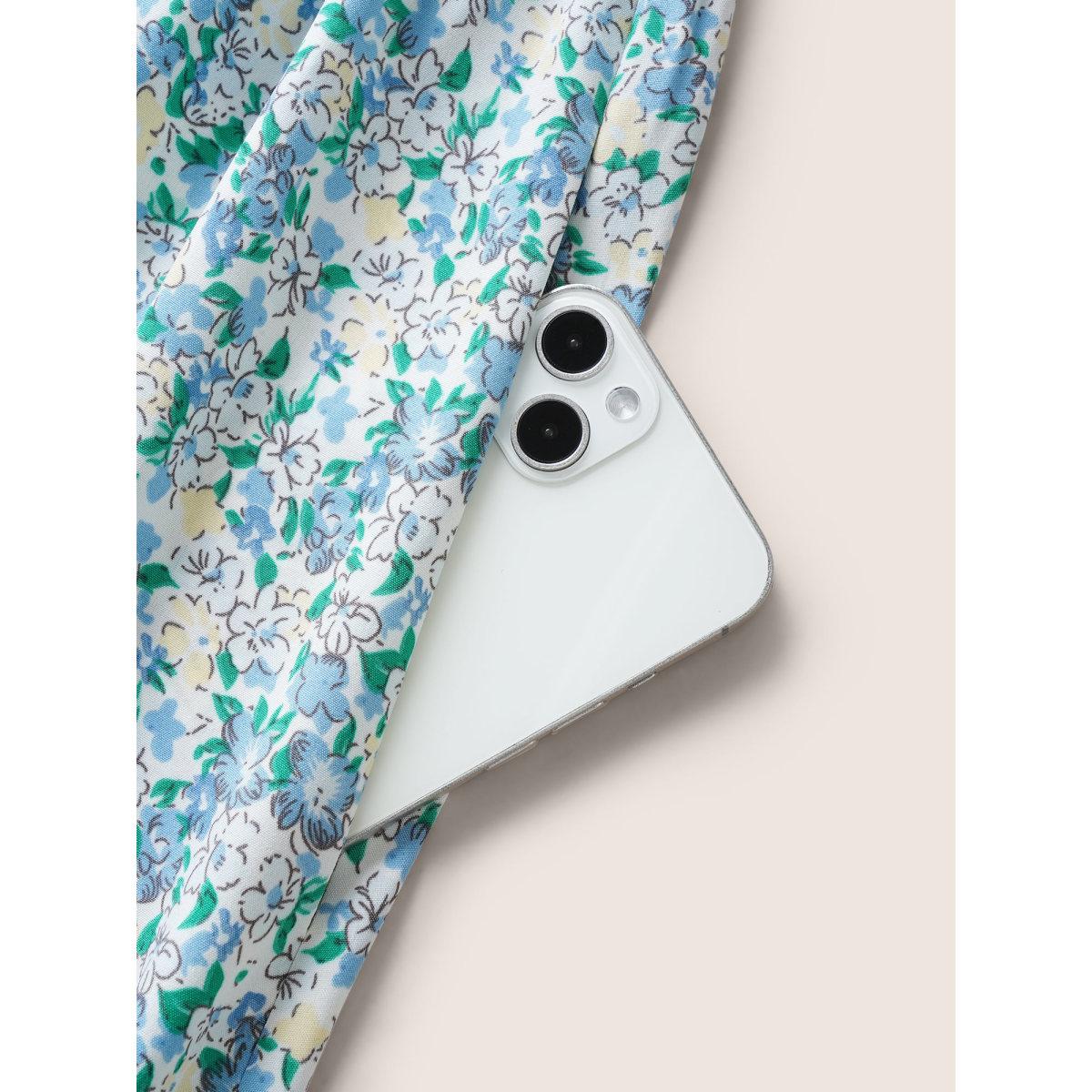 Plus Size Square Neck Ditsy Floral Shirred Ruffle Sleeve Dress White Women Elegant Shirred Square Neck Short sleeve Curvy BloomChic 22-24/3X Product Image