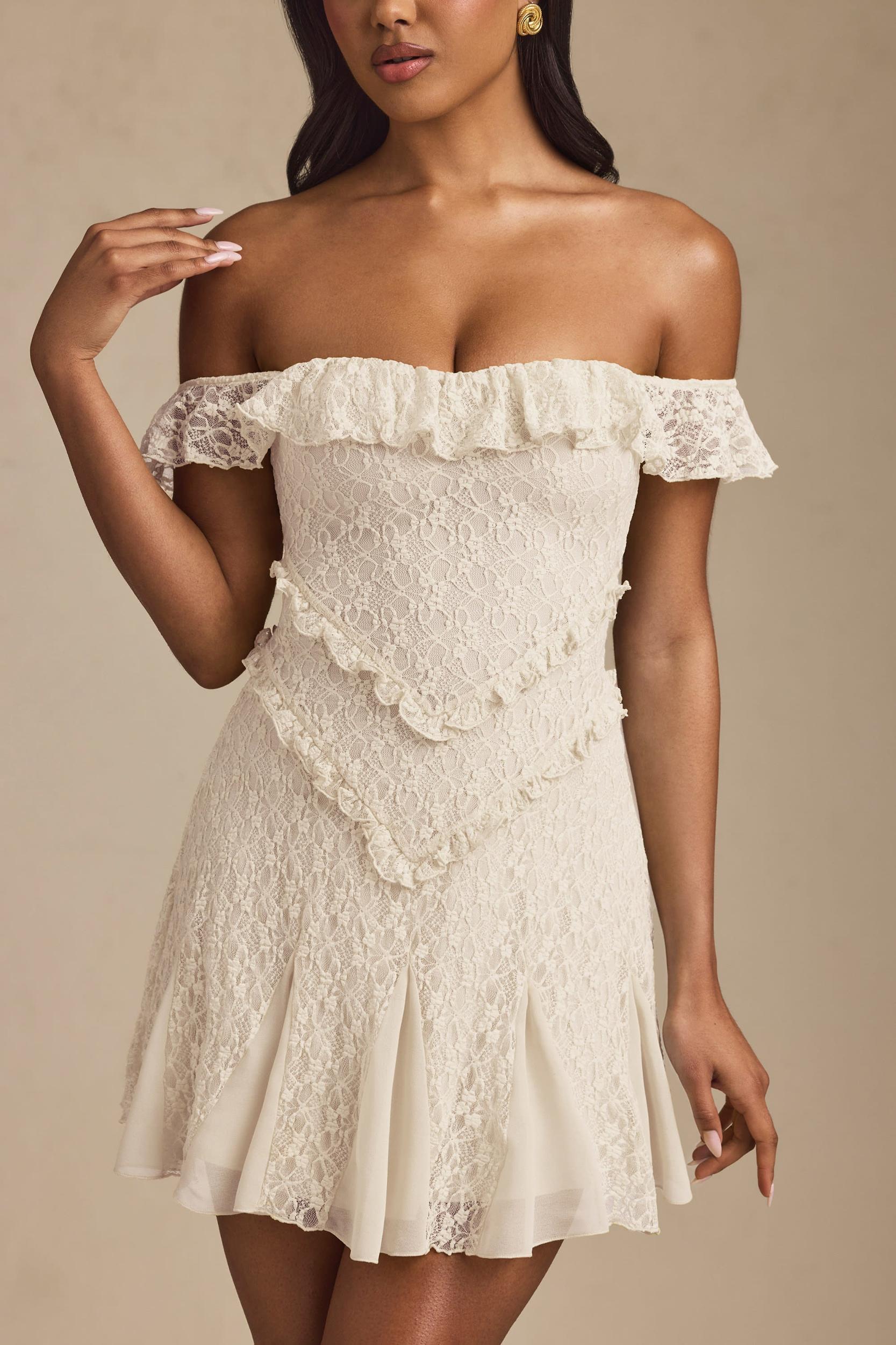 Off-Shoulder Lace A-Line Mini Dress in Ivory Product Image
