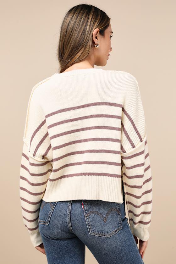 Comfortable Cuteness Cream and Mauve Striped Cropped Sweater Product Image