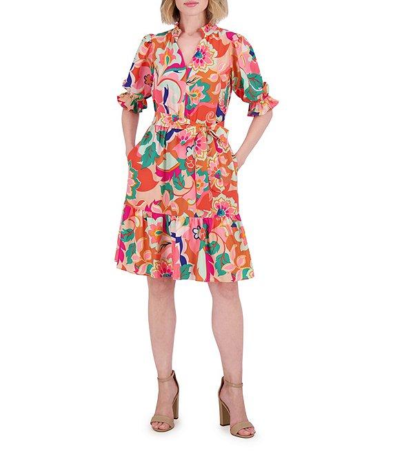 Eliza J Floral Print V Neck Short Puff Sleeve Waist Tie Belt A-Line Dress Product Image