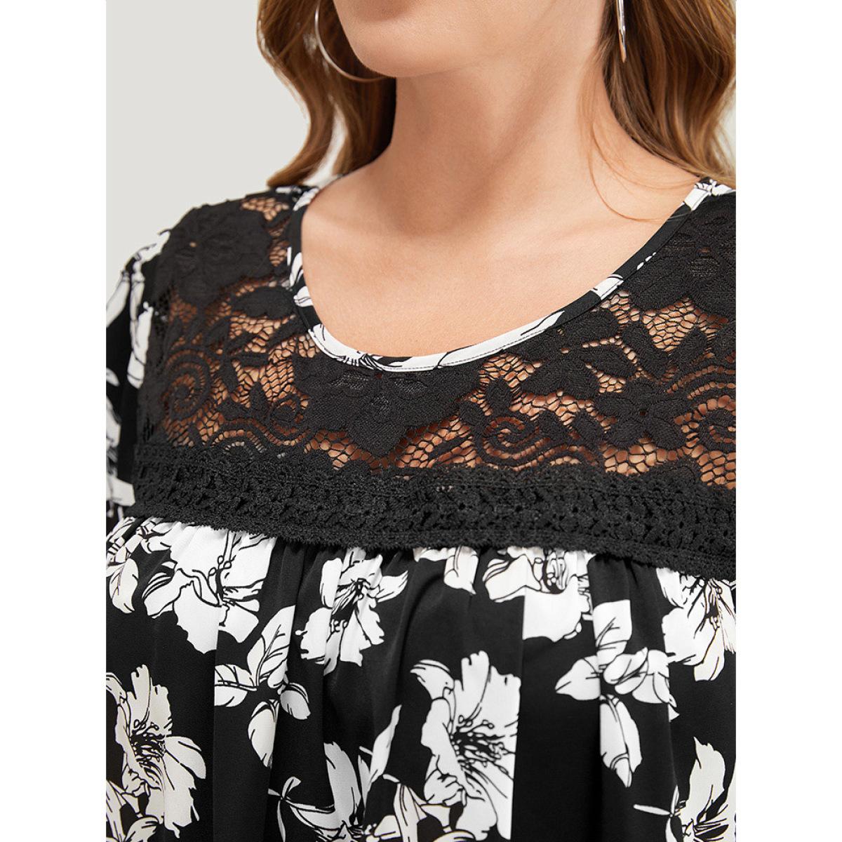 Plus Size BlackFlower Floral Print Gathered Lace Patchwork Blouse Women Elegant Short sleeve Round Neck Dailywear Blouses BloomChic 14-16/1X Product Image
