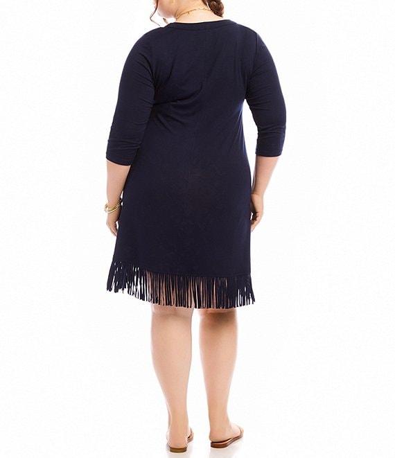 Karen Kane Plus Size Knit Jersey Scoop Neck 3/4 Sleeve Fringe Hem Dress Product Image