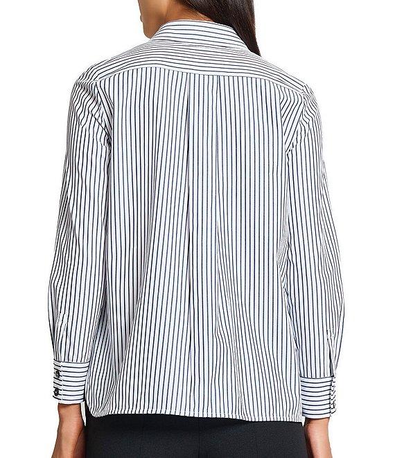 Ming Wang x Tanya Foster Cotton Pinstripe Point Collar Water Fall Long Sleeve Blouse Product Image