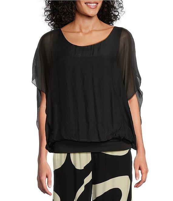 M Made in Italy Silky Crew Neck Short Sleeve Banded Hem Poncho Top Product Image