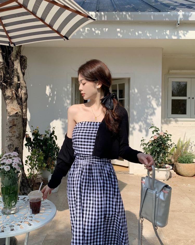 Maternity Open Front Plain Cardigan / Spaghetti Strap Plaid Midi A-Line Dress Product Image