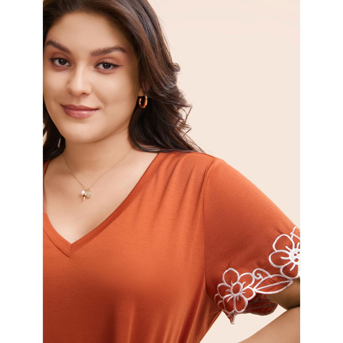 Plus Size V Neck Floral Embroidered T-shirt Rust Women Resort Embroidered V-neck Vacation T-shirts BloomChic 14-16/1X Product Image