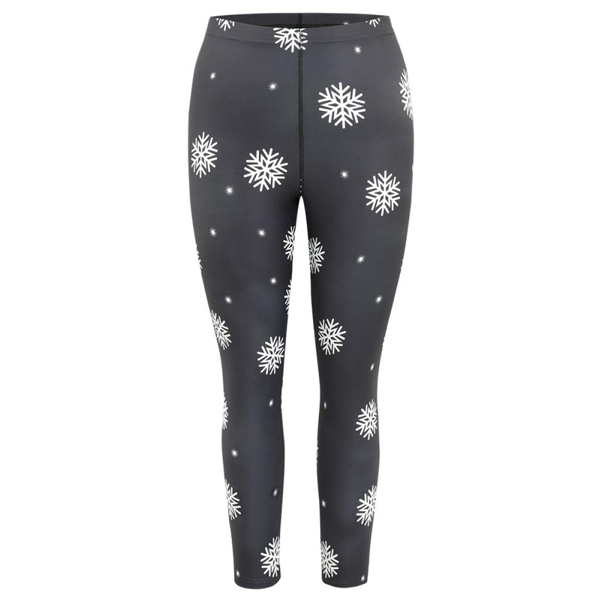 Plus Size Christmas Snowflake Elastic Waist Skinny Leggings Women Black Glamour High stretch Skinny High Rise Festival-Christmas Leggings BloomChic 28/5X Product Image