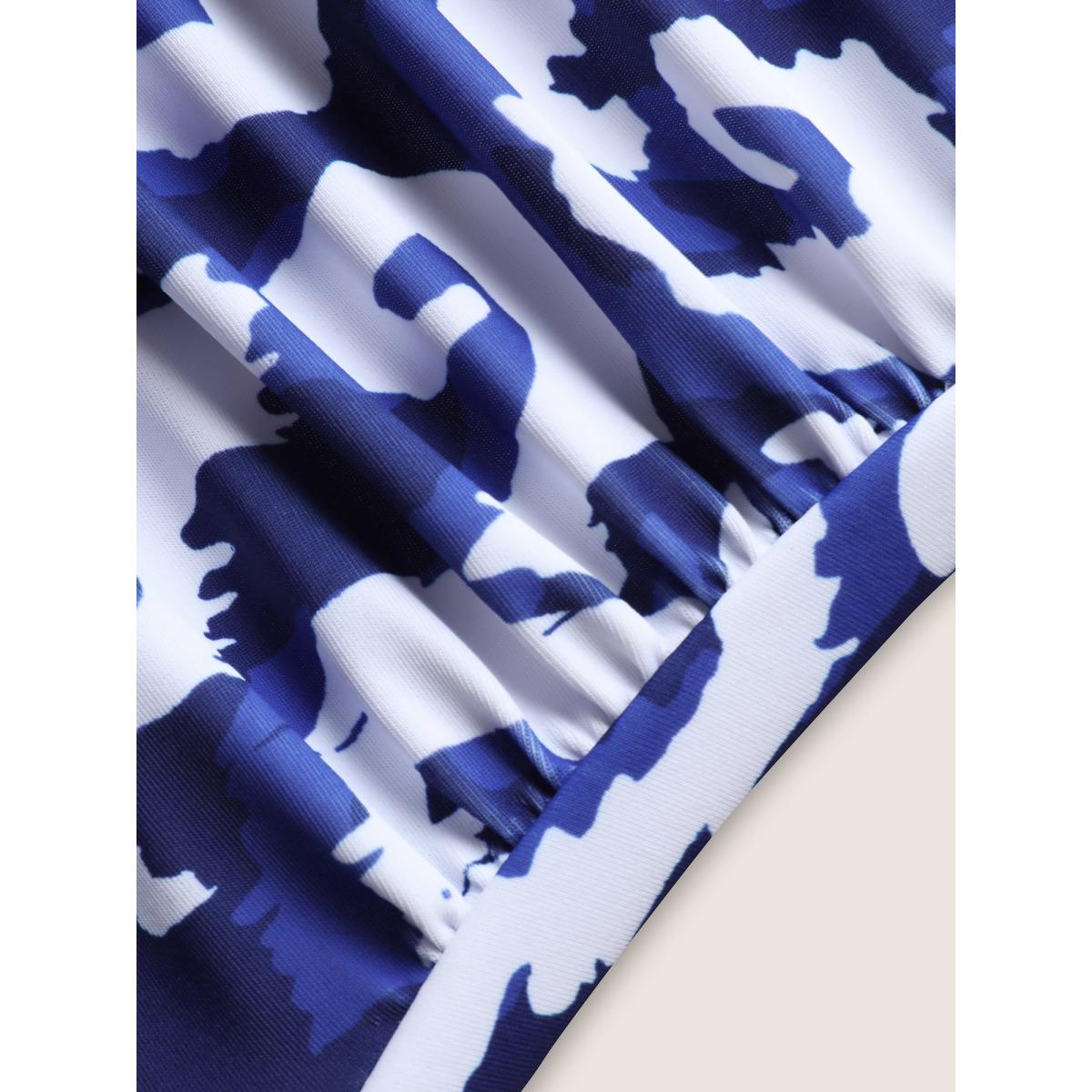 Plus Size Overlap Collar Boho Print Tie Knot One Piece Swimsuit Women's Swimwear DarkBlue Beach Tie knot Curve Bathing Suits High stretch One Pieces BloomChic 22-24/3X Product Image