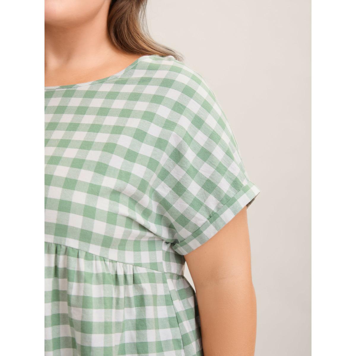 Plus Size Sage Plaid Pattern Waist-Cinched Blouse Women Casual Short sleeve Round Neck Everyday-Casual Blouses BloomChic 18-20/2X Product Image