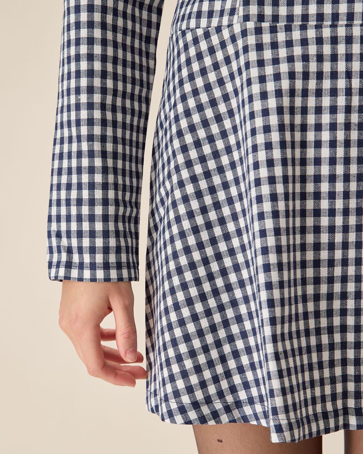 Navy Square Neck Plaid Mini Dress Product Image