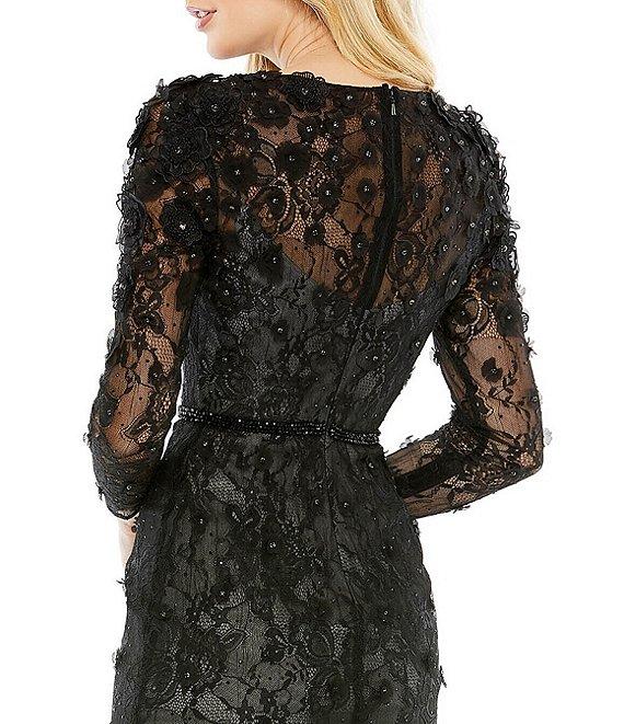 Mac Duggal Floral Applique Long Sleeve Flounce Fit and Flare Dress Product Image