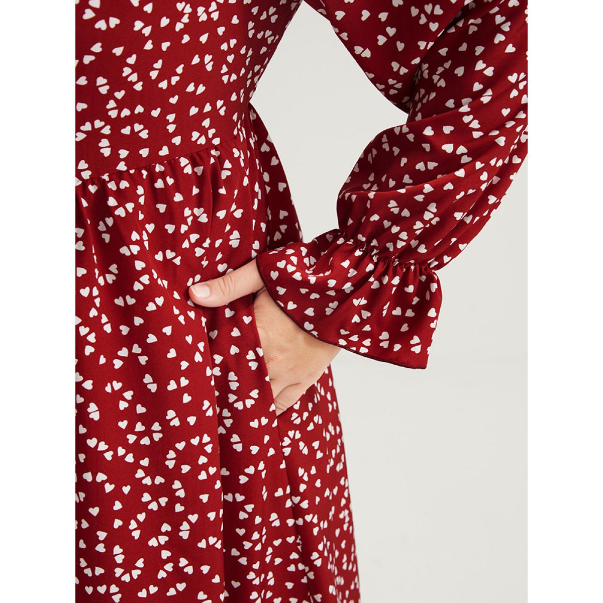 Plus Size Heart Print Lantern Sleeve Pocket Square Neck Dress Scarlet Women Elegant Pocket Square Neck Long Sleeve Curvy Midi Dress BloomChic 26/4X Product Image