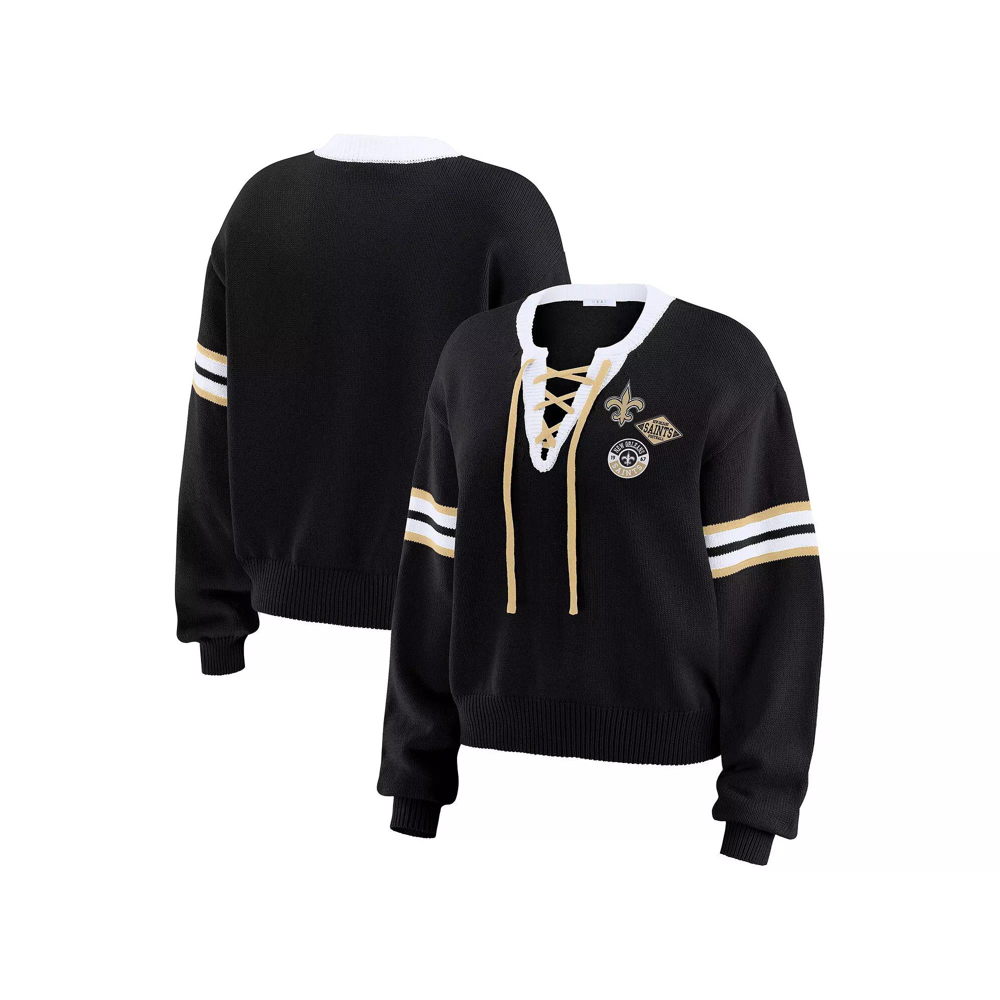 Women's WEAR by Erin Andrews Black Boston Bruins Cropped Lace-Up Sweater,  Product Image