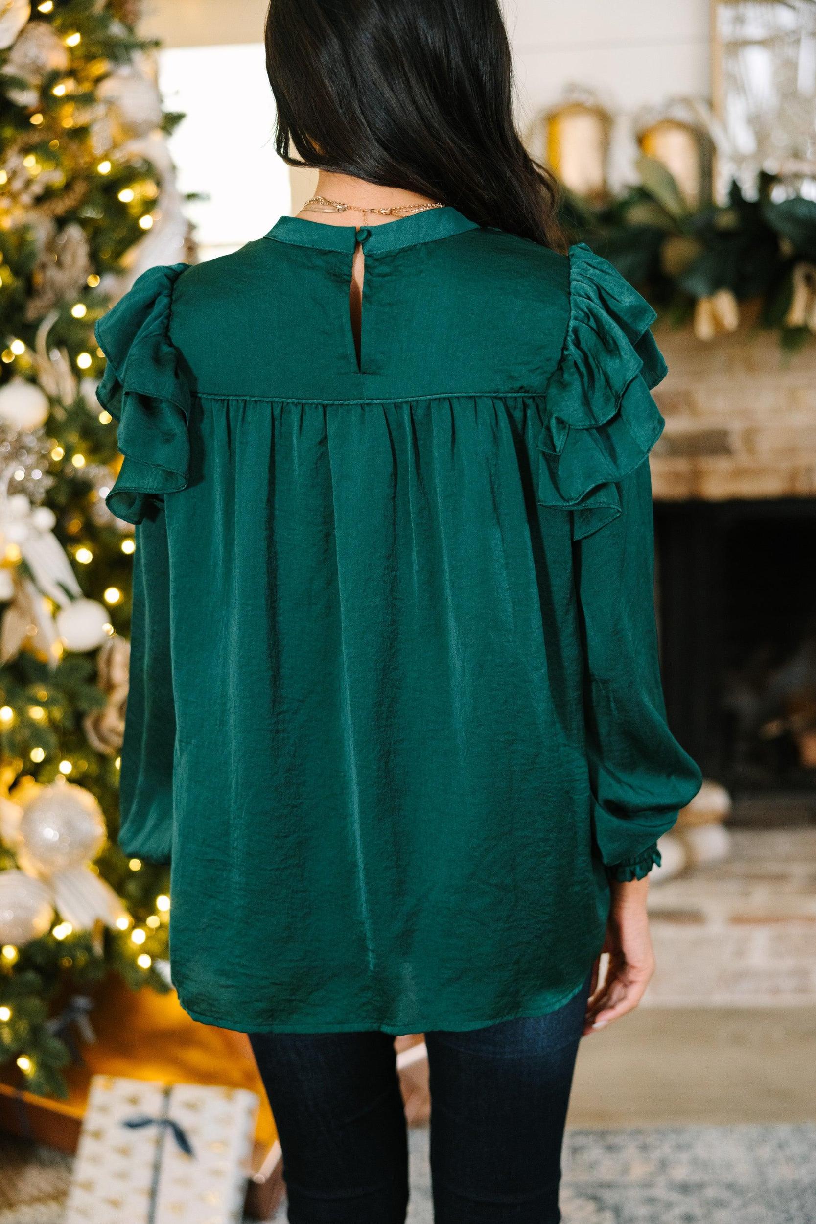 Going Out Hunter Green Ruffled Satin Blouse Female Product Image