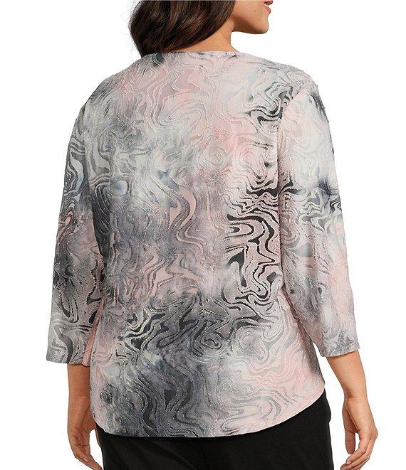 Allison Daley Plus Size Wavy Jod Tie-Dye 3/4 Sleeve Crew Neck Knit Top Product Image