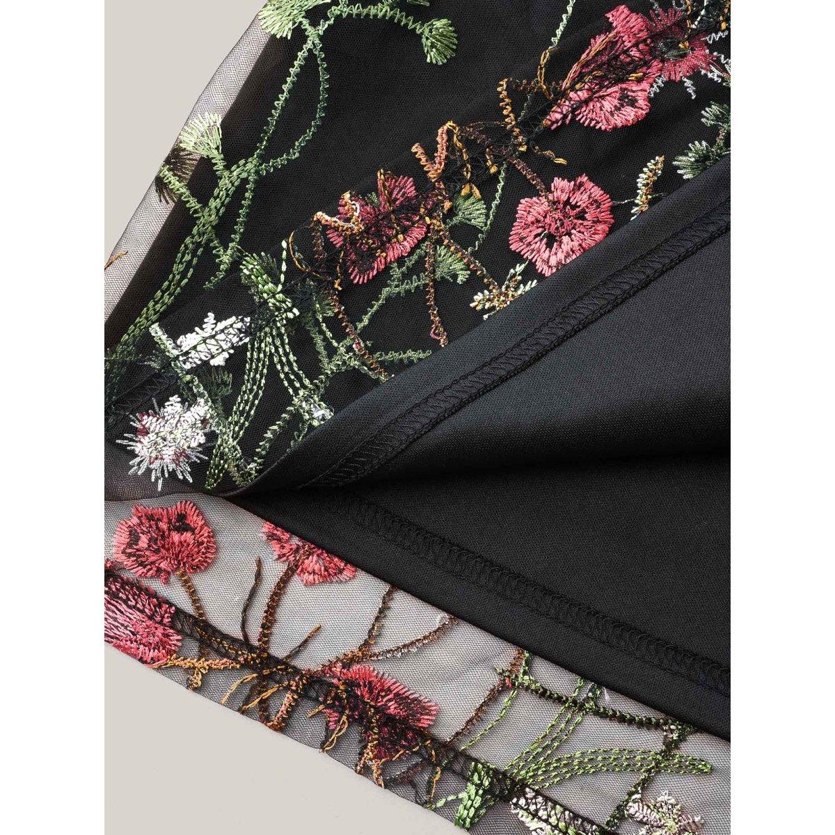 Plus Size Black Embroidered Mesh Lotus Leaf Sleeve Blouse Women Elegant Elbow-length sleeve V-neck Everyday Blouses BloomChic 28/5X Product Image