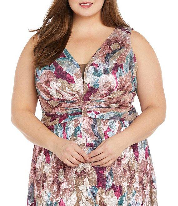 R & M Richards Plus Size Sleeveless V-Neck Ruched Waist Floral Print Gown Product Image
