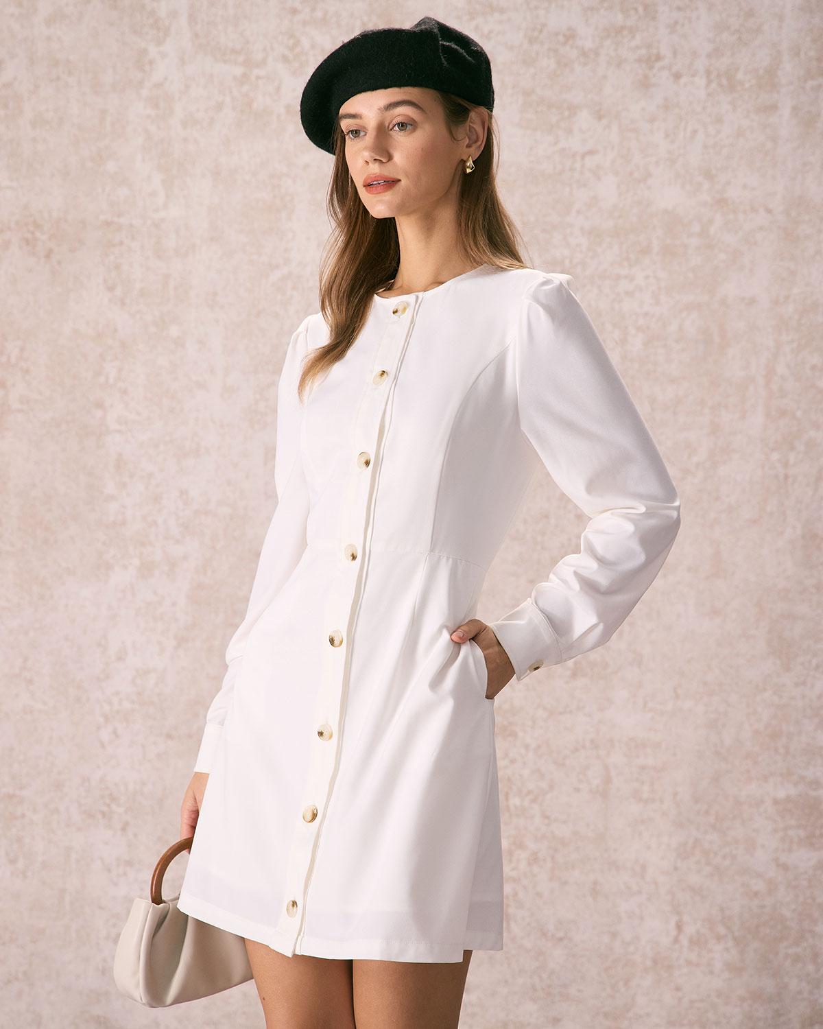 The White Round Neck Button Mini Dress Product Image
